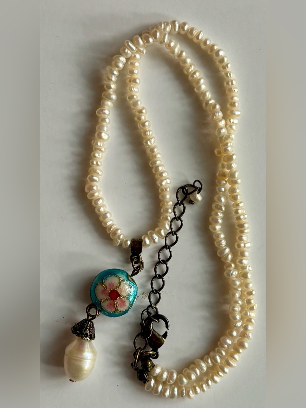 Freshwater Rice Pearl Choker Cloisonne Enamel Flower Baroque Pearl Drop Necklace